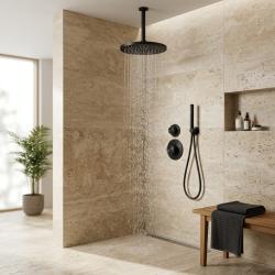 Aquanello Eterna Inbyggt termostatiskt duschset i matt svart med takarm 25 cm regndusch och handdusch ET-S-SET4-2-10